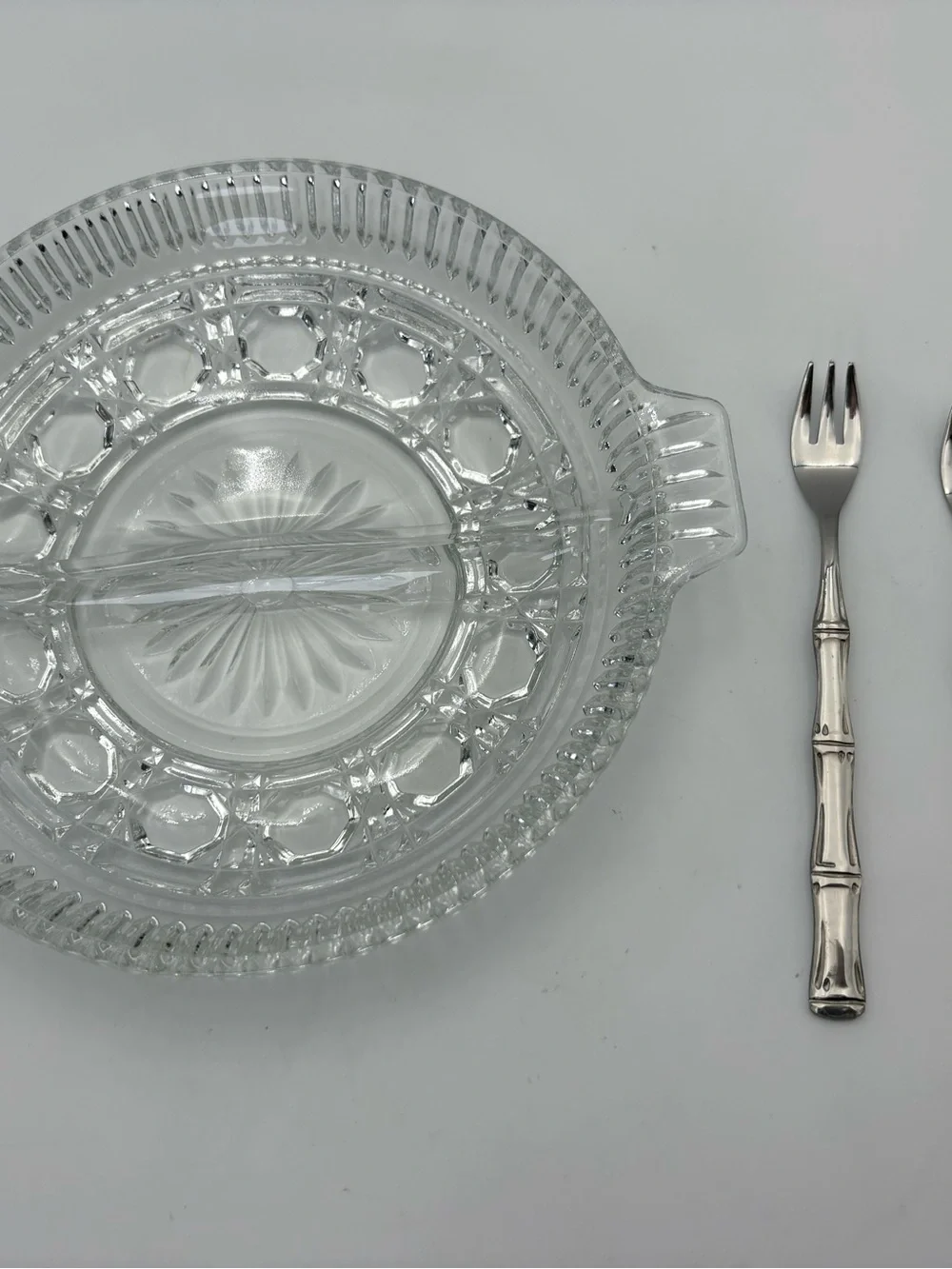 Vintage Federal Glass Windsor Pattern Divided Serving Bowl with Handle - 2 Forks
